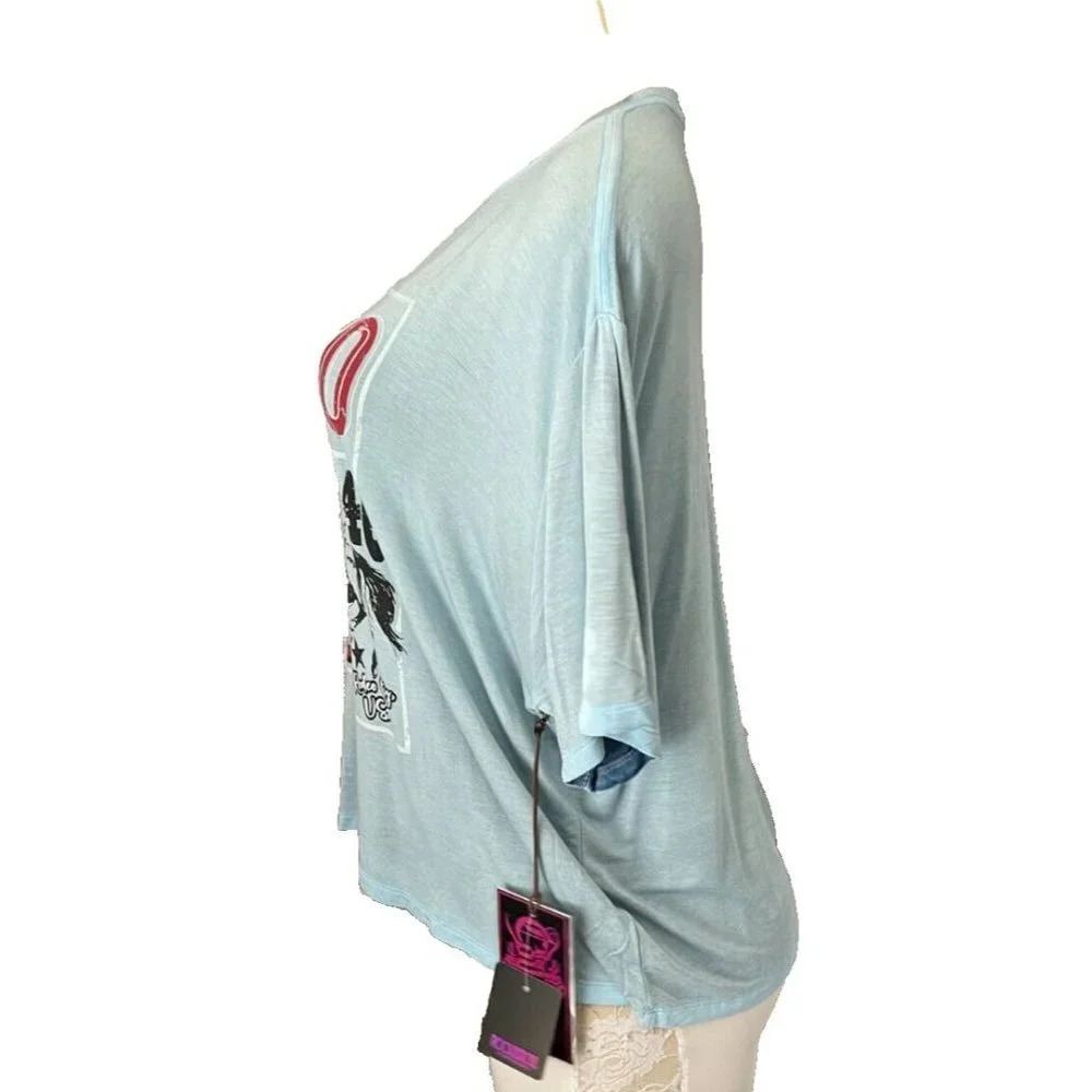 Rock & Roll Cowgirl XL Baby Blue Rodeo Graphic Crew Neck Short Sleeve Crop Tee - Picture 5 of 6
